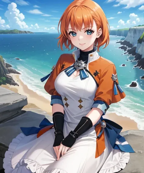 portrait, (adult woman), (1girl, solo), smile, (orange hair), ((coast, bay, cliffs, ocean)), (distant castle on a cliff), ((best quality, high detail)), ((masterpiece)), <lora:Annette_FE:0.7> (annette_war), medium hair, caplet, gloves, dress, <lora:1_izumi...