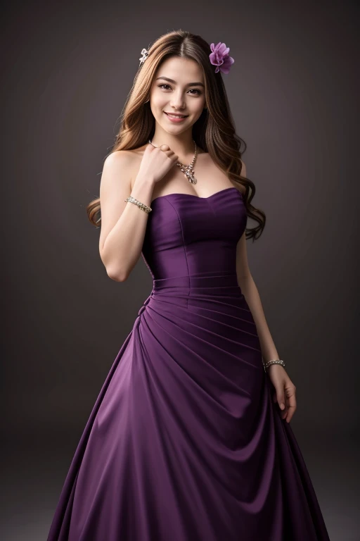 a woman in a purple dress posing for a picture