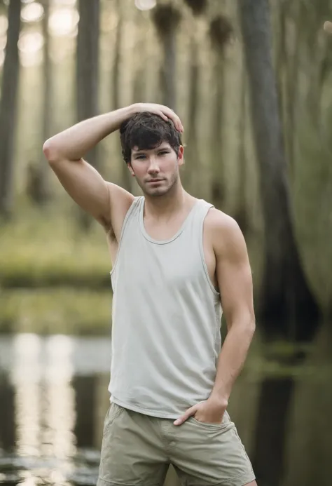 photo of dustin_zito <lora:dustin_zito_xl-05:0.8>, wearing a stringer tank top and khaki shorts posing  in Louisana swamp, dynamic pose, arm behind his head, armpit hair, 35mm photograph, film, bokeh, professional, 4k, highly detailed, natural lighting, go...