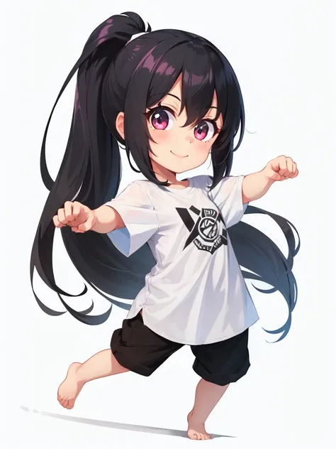 1girl, smile,  full body, 
ponytail, paw pose, black hair, long hair, oversized shirt, 
 <lora:body_size_control_V2:4>