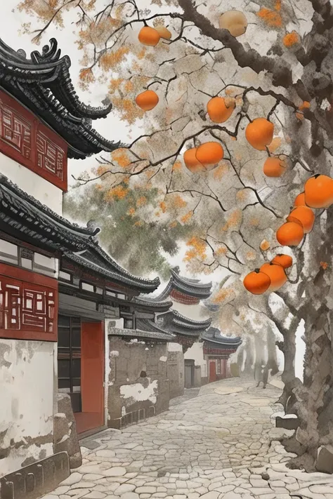 Guofeng, ink, ancient town eaves, persimmon tree, orange persimmon,shizishu