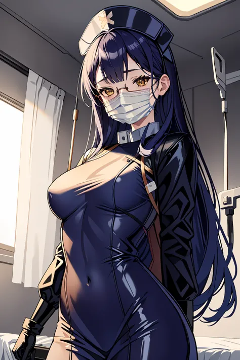 ((masterpiece, best quality, high quality)),1girl, (hospital), <lora:infirmary_v0.1:0.5> infirmary, dress <lora:Aya Kawasaki:0.7> (1girl, 3dcg 02, aya kawasaki, bangs, dark blue hair, glasses, hair over shoulder, long hair, ribbon bangs, small breasts, sol...