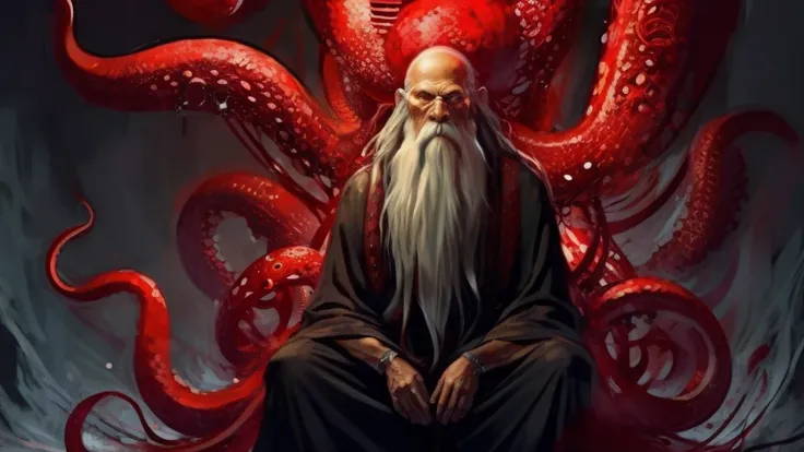 <lora:Cthulhu:0.9>,niuqu, solo, long hair, red eyes, sitting, male focus, facial hair, tentacles, beard, monster, robe, old, old man