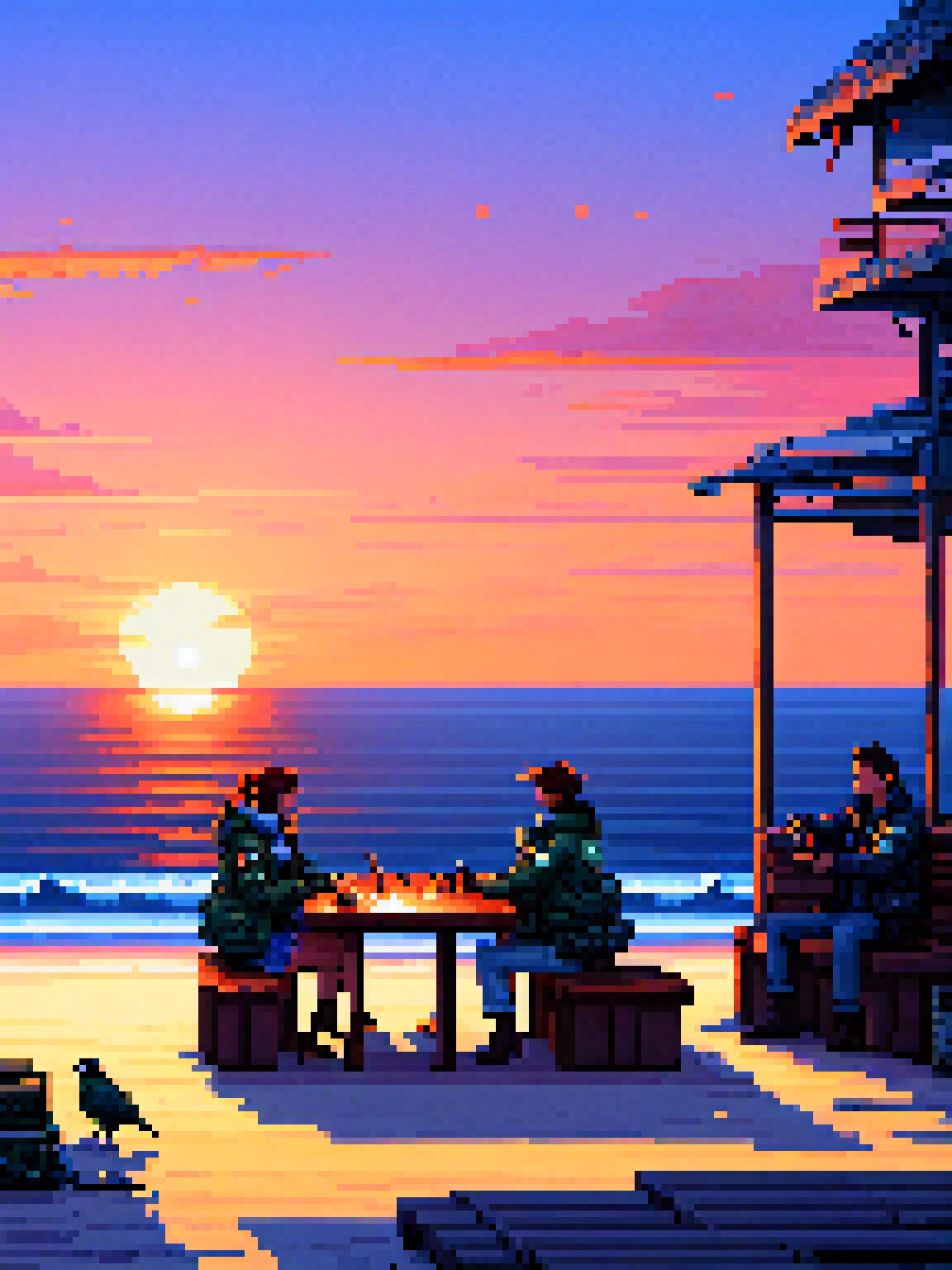 yamer_pixel_fusion, sunset, table, weapon, sky, jacket, sitting, 1girl, 2boys, ocean, bird, blue sky, <lora:Pixel_Fusion_LORA:1>