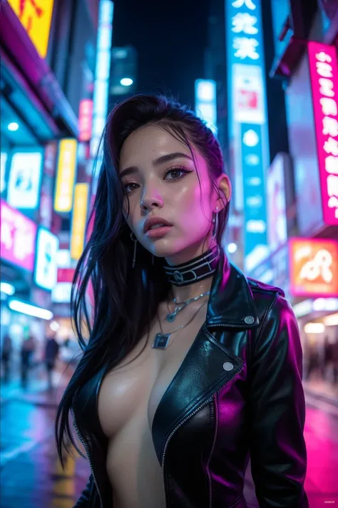 Cyberpunk,1girl,solo,long hair,blurry,neon lights,looking at viewer,cyberpunk,black hair,blurry background,parted lips,lips,upper body,depth of field,science fiction,jacket,outdoors,black eyes,
1girl,best quality,masterpiece,illustration,an extremely delic...