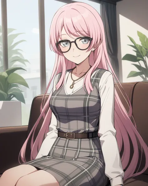 masterpiece, best qualityï¼ 1<lora:bangbangv1.1:1>ï¼1girl, solo, indoors, sitting, smile, closed mouth, glasses, black-framed eyewear, very long hair, collarbone, plaid dress, grey dress, sleeveless dress, white shirt, long sleeves, belt, necklace, chiha...