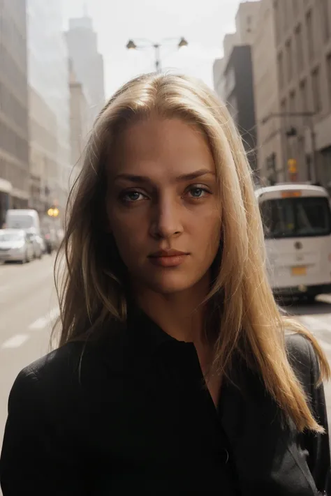 a photo of um4,blonde long hair,close-up,black shirt,daylight,city street background,add_detail,soft lighting,extreme dof,bokeh,cinematic,sharp focus