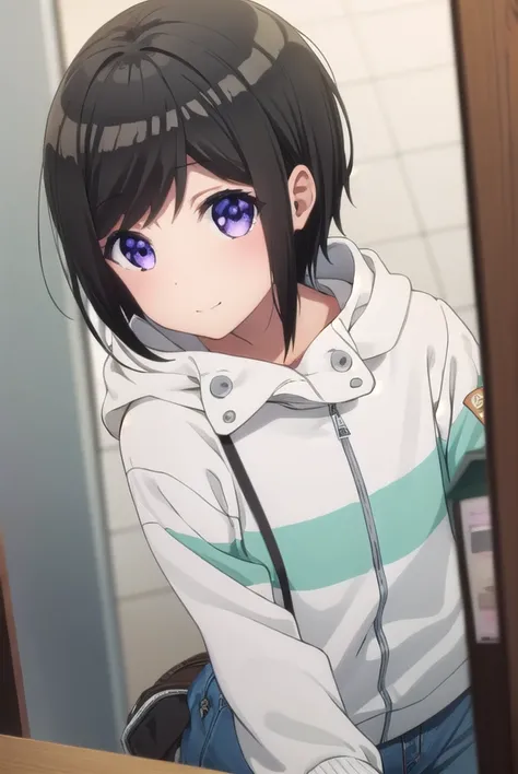 chihirohashima, <lora:chihiro hashima s1-lora-nochekaiser:1>,
chihiro hashima, short hair, black hair, (purple eyes:1.1), smile,
BREAK jacket, pants, hood, hoodie, denim, jeans,
BREAK indoors,
BREAK looking at viewer, (cowboy shot:1.5),
BREAK <lyco:GoodHan...