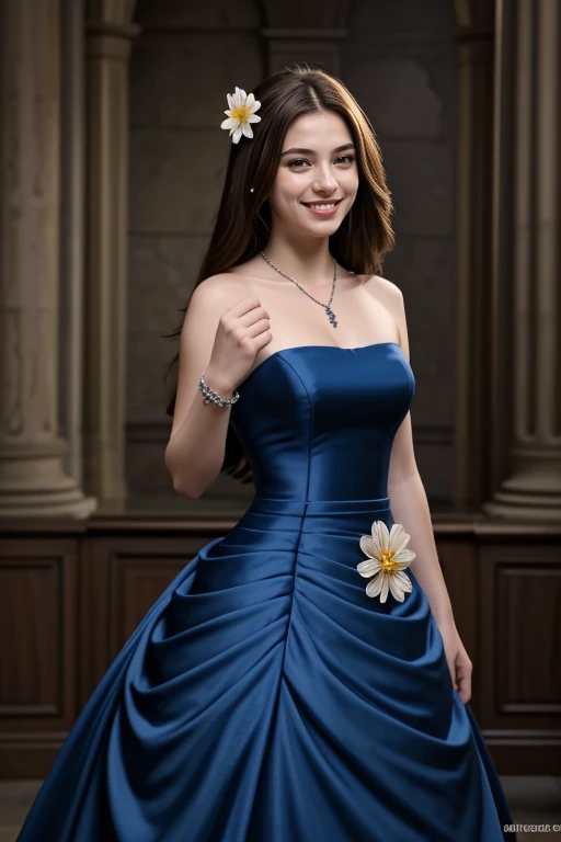 a woman in a blue dress with a flower in her hair