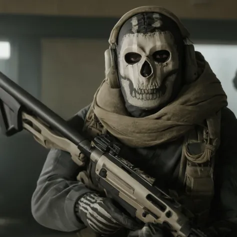 cinematic film still of Simon Ghost Riley a man in a skeleton mask holding a rifle modern warfare style,solo,gloves,1boy,holding,weapon,male focus,hood,scarf,holding weapon,gun,military,mask,holding gun,rifle,skull,assault rifle,scope,skull mask modern war...