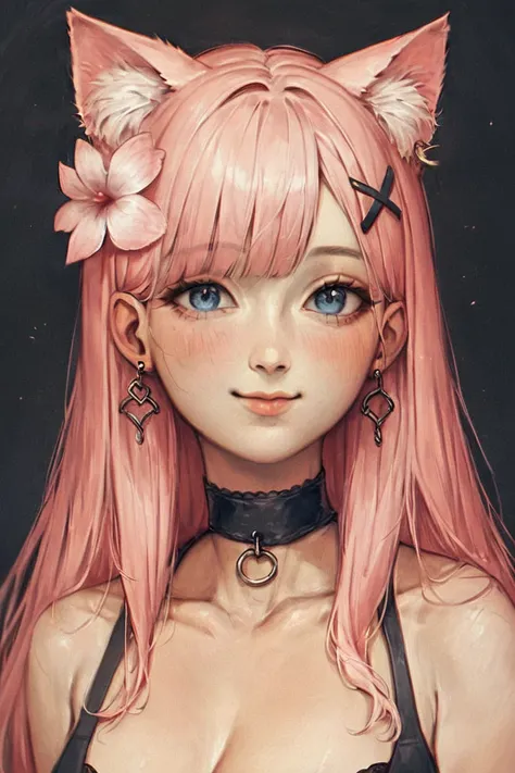 score_9, score_8_up, score_7_up, score_6_up, score_5_up, score_4_up, 1girl, solo, animal ears, hair ornament, blue eyes, long hair, pink hair, animal ear fluff, hairclip, looking at viewer, bangs, flower, cat ears, collar, collarbone, hair flower, portrait...