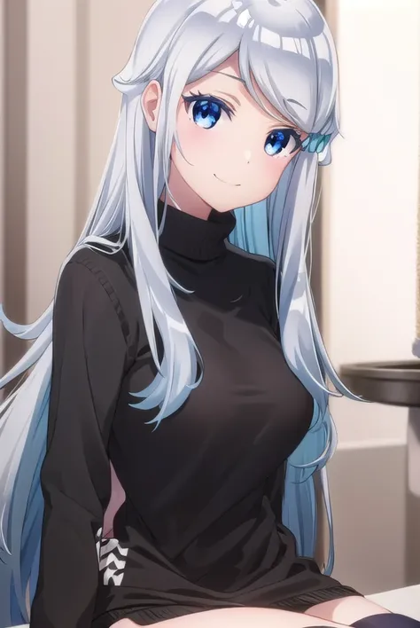 nayutakani, <lora:nayuta kani s1-lora-nochekaiser:1>,
nayuta kani, long hair, blue eyes, white hair, hair ornament, ahoge, scrunchie, hair scrunchie, blue scrunchie, smile, blush, smug,
BREAK sweater, long sleeves, ribbon, 
BREAK indoors,
BREAK looking at ...