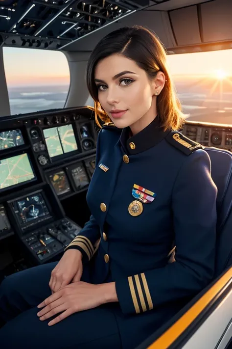 2. A female pilot (ethnicity: Caucasian, age: early 40s) in the cockpit of a commercial airliner (model: modern, advanced). Shes dressed in a crisp, navy blue uniform (fabric: wool blend) with golden stripes and badges denoting her rank. Her hairstyle is a...