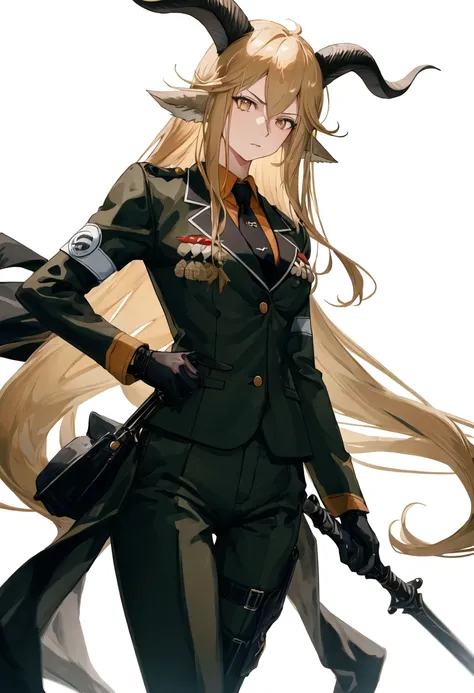 best quality, masterpiece, highres, solo, {degenbrecher_arknights:0.90}, 1girl, black_gloves, shirt, holding_sword, long_sleeves, looking_at_viewer, military_uniform, cowboy_shot, white_background, simple_background, thigh_strap, black_necktie, closed_mout...