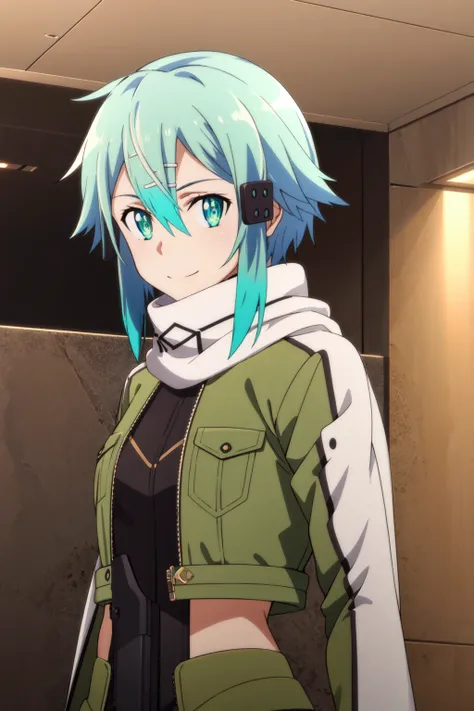 <lora:anime_screencap_v2:0.3>
 <lora:eft_sao_shion-02:0.8> EFT_Shino, 1girl, sinon, solo, smile, scarf, gun, weapon, hair ornament, hairclip, looking at viewer, short hair, rifle, white scarf, hair between eyes, aqua hair, aqua eyes, jacket, upper body, cl...