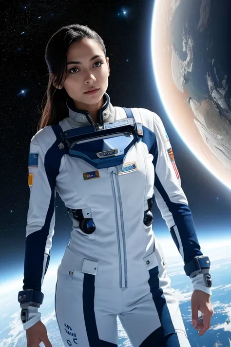 8. A female astronaut (ethnicity: Hispanic, age: late 30s) aboard a space station (setting: futuristic, zero gravity). Shes wearing a high-tech space suit (design: sleek, functional) with the insignia of her space agency. Her hair is floating freely in zer...