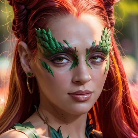 um4,poison ivy hair,mask,poison ivy costume,(close-up),street background,add_detail,soft lighting,dof,bokeh