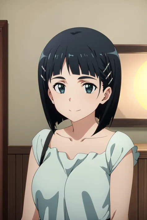 <lora:anime_screencap_v2:0.3>
 , <lora:eft_sao_sis_1-02:1>
EFT_Sao_Sis, 1girl, kirigaya suguha, solo, black hair, short hair, hair ornament, smile, green eyes, hairclip, upper body, shirt, collarbone, anime coloring, bangs