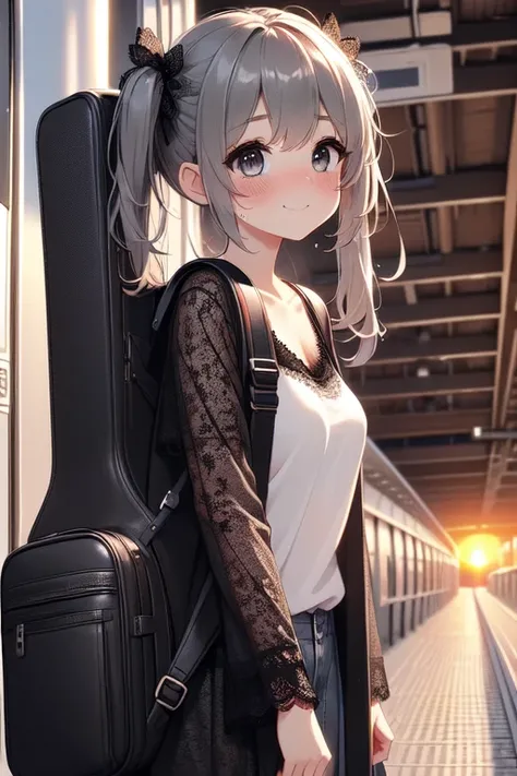 (((masterpiece))), (((best quality))), ((train platform)), ((guitar case backpack)), light gray T-shirt, ((black lace long coat)), navigation sign, 1girl, smile, ribbon, (black twintails), collarbone, cleavage, ((big tits)), sweat, shy. blush, petite figur...