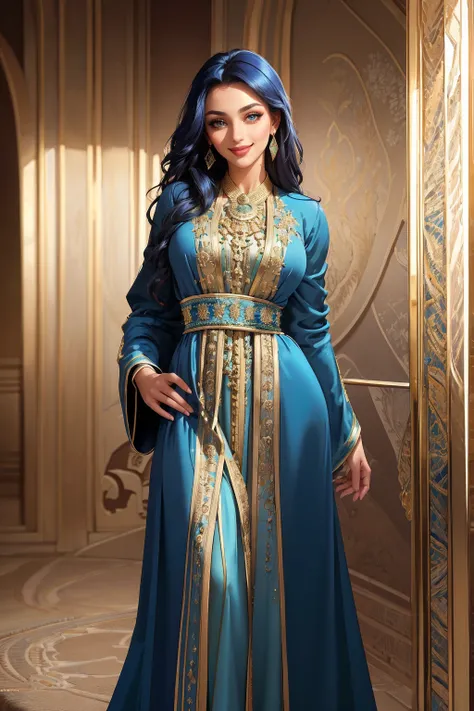 ((masterpiece,best quality,edgQuality)),(smile),looking at viewer,standing,
edgCaftan, a woman in a blue robe,wearing edgCaftan
<lora:edgMoroccanCaftan:1>