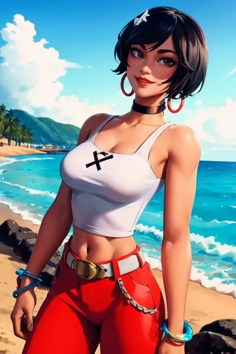 masterpiece,best quality,extreme detail,8k,<lora:evie:0.6>,cowboy_shot,upper_body,evie2,1girl,solo,breasts,looking at viewer,smile,short hair,black hair,hair ornament,navel,brown eyes,jewelry,medium breasts,earrings,choker,midriff,belt,pants,mole,bracelet,...