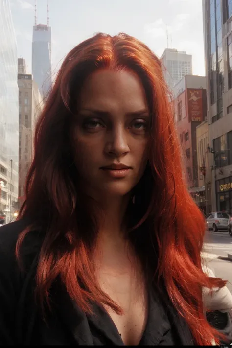 a photo of um4,red long hair,close-up,black shirt,daylight,city street background,add_detail,soft lighting,extreme dof,bokeh,cinematic,sharp focus