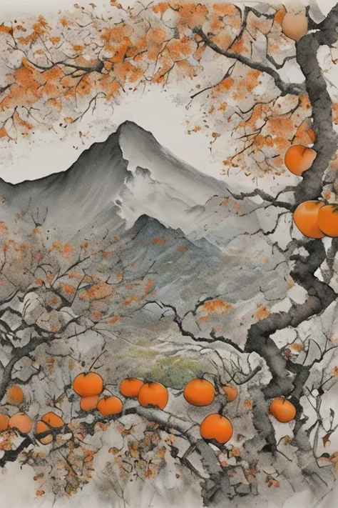 guofeng,ink and wash,persimmon tree,orange persimmon, Far Mountains