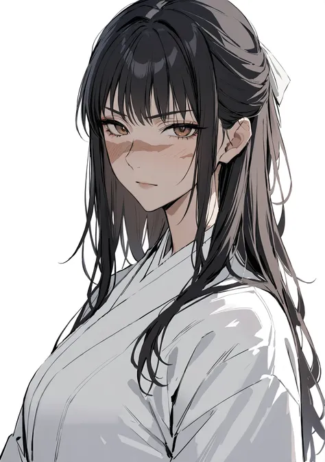 <lora:UtahimeSDXL:0.8>,Utahime, black hair, long hair, 1girl, white background, japanese clothes, scar on face, simple background, upper body, brown eyes, looking at viewer, bangs, cross scar, white kimono
best quality, masterpiece,