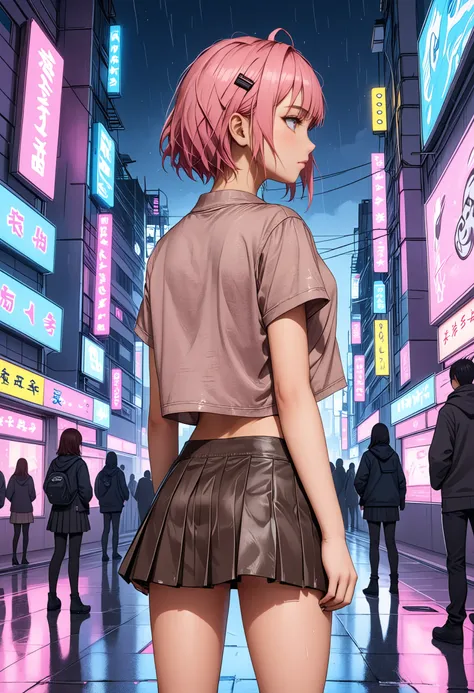 (anime cyberpunk city, neon lights, rainy night, hacker characters, cyber enhancements, dystopian skyline, action scene:1.05)
dollskill, A young japanese woman with messy pink hair is wearing a short-sleeved, light brown, heathered top and a dark brown ple...