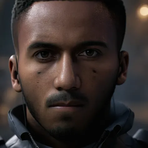 cinematic film still of Kyle Gaz Garrick Kyle Gaz Garrick a black man with a black jacket and earphones staring at camera with wide eyes,modern warfare style,solo,looking at viewer,1boy,closed mouth,male focus,dark skin,blurry,blurry background,facial hair...