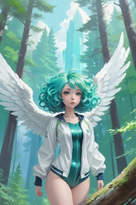 digital art, noon, scenery, in a sturdy Subalpine Forest, 1girl, woman, (neat Cloudtech:1.3) angel, [:revealing, sexy costume design,:0.2], bombshell hair, infra bright color:mediumspringgreen hair with azure highlights, Blowout Curls, thicc body, wide hip...