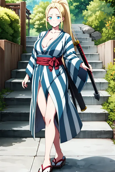 <lora:eft_beatrix-02:0.8> Beatrix_Zom100, 1girl, breasts, blonde hair, weapon, sword, long hair, blue eyes, solo, cleavage, large breasts, japanese clothes, kimono, katana, very long hair, ponytail, sandals, blush, looking at viewer, yukata, outdoors, swea...