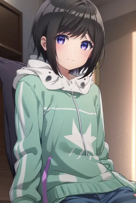 chihirohashima, <lora:chihiro hashima s1-lora-nochekaiser:1>,
chihiro hashima, short hair, black hair, (purple eyes:1.1), smile,
BREAK jacket, pants, hood, hoodie, denim, jeans,
BREAK indoors,
BREAK looking at viewer, (cowboy shot:1.5),
BREAK <lyco:GoodHan...