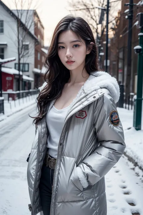 (realistic), (hyperrealism),best quality, masterpiece,ultra high res, (photorealistic:1.4),asian girl, pale skin,skinny,(looking at viewer:2), <lora:add_detail:0.6>,outdoors, long wavy black hair,
 , winter jacket, snowing, cleavage
cowboy shot,