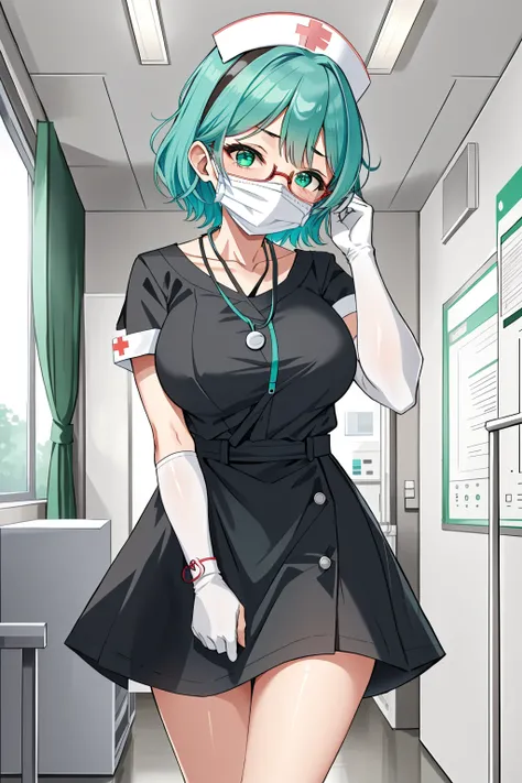 ((masterpiece, best quality, high quality)),1girl, (hospital), <lora:infirmary_v0.1:0.5> infirmary,  <lora:Tomomi Kii:0.7> (1girl, 3dcg 08, aqua hair, bangle, collarbone, glasses, green eyes, hairband, medium breasts, necklace, semi-rimless eyewear, short ...