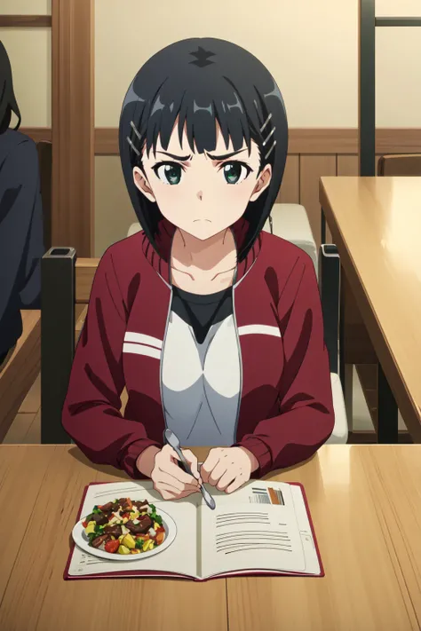 <lora:anime_screencap_v2:0.3>
 , <lora:eft_sao_sis_1-02:0.8>
EFT_Sao_Sis, 1girl, kirigaya suguha, black hair, solo, short hair, track jacket, hairclip, hair ornament, jacket, green eyes, food, looking at viewer, black eyes, frown, breasts, sitting, collarb...