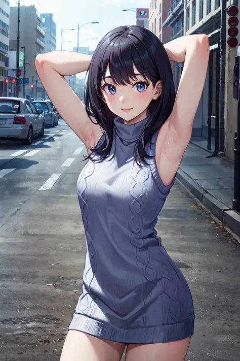 masterpiece,best quality,highres,ultra-detailed,aarikka,long hair,bangs,<lora:takarada_rikka:0.7>,(sweater:1.2),(turtleneck:1.2),street,smile,standing,(sleeveless:1.4),arm_behind_head,arms_up,cowboy shot,