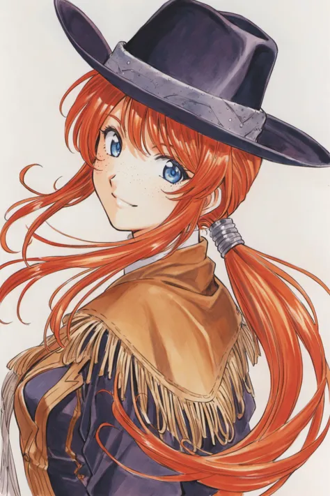 Gemini Sunrise, freckles, 1girl, solo, hat, cowboy hat, blue eyes, long hair, smile, upper body, white background, traditional media, ponytail, cowboy western, simple background, looking at viewer, orange hair, jewelry, red hair, <lora:Kosuke Fujishima_XL:...