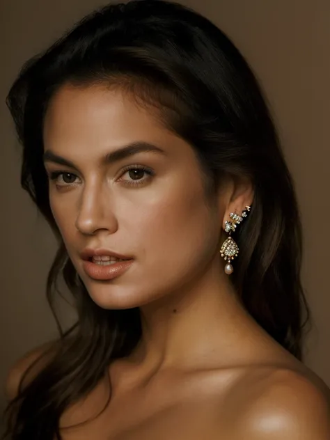 Realistic photo of a beautiful c1ndyc woman,1girl,solo,looking at viewer,simple background,brown hair,brown eyes,jewelry,earrings,teeth,nail polish,bracelet,lips,makeup,portrait,realistic, soft lighting, professional Photography, Photorealistic, detailed, ...