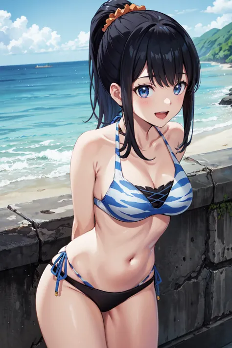 masterpiece,best quality,highres,ultra-detailed,ccrikka,long hair,hair scrunchie,ponytail,bangs,swimsuit,black bikini,layered bikini,tiger print,mismatched bikini,side-tie bikini bottom,<lora:takarada_rikka:0.7>,beach,:d,arms_behind_back,leaning_forward,bi...