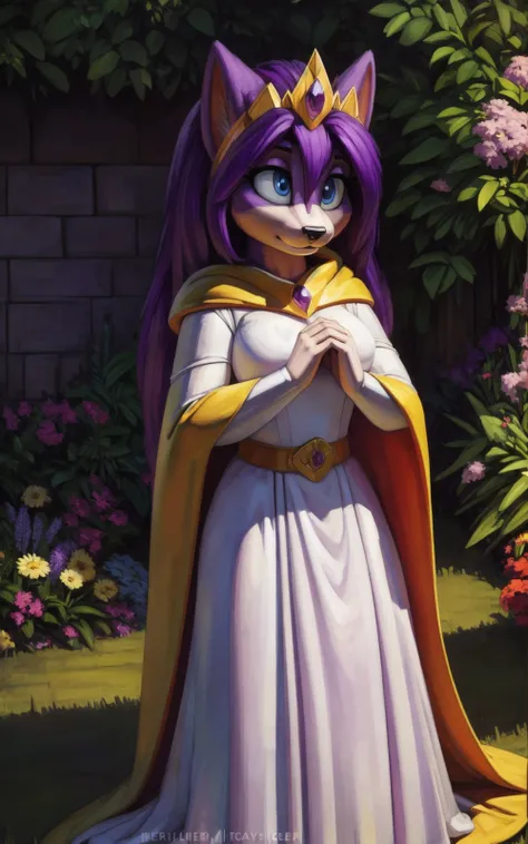 8k,4k,((Best quality, masterpiece, ultra high resolution)),((full body, by pixelsketcher)),    <lora:QueenAleena:0.8>,QueenAleena,long hair, dress, furry, yellow cape, purple hair, white dress,furry female, cape, animal ears,  tiara,  armor,long sleeves,[ ...