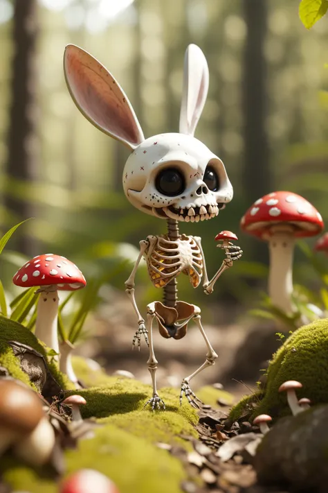 masterpiece, high quality, a cute skeleton bunny, pick mushroom, in the forest,  <lora:fz:0.8> ,dark Fairy Tales