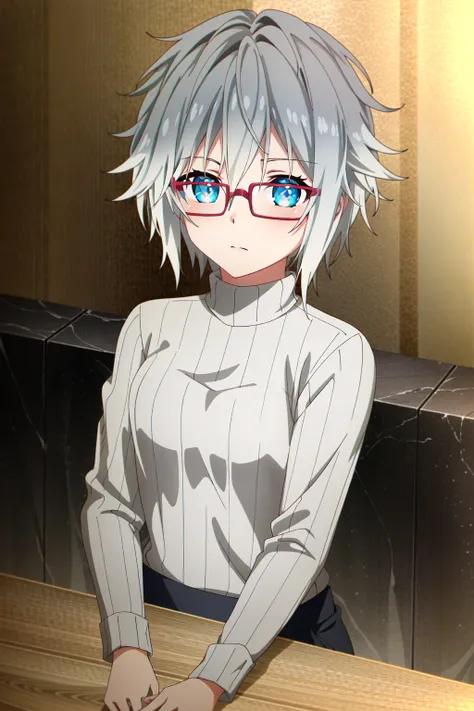 (extremely detailed CG unity 4k wallpaper),(masterpiece),(best quality),(ultra-detailed),(best illustration),(best shadow),(absurdres),(detailed background) <lora:OGT_Nia_Honjo-v1:1> Nia Honjo, 1girl, solo, glasses, sweater, black sweater, short hair, grey...