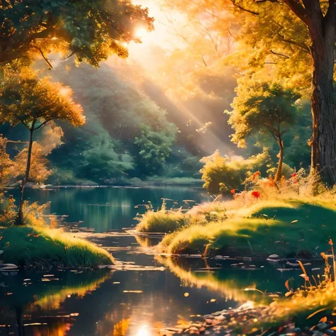 (masterpiece:1.2), (best quality,:1.2), 8k, HDR, ultra detailed, ((photorealistic)), professional light, cinematic lighting, fashion photography, ambient lighting, face lighting,  <lora:detail_slider_v4:4.>, a small lake in a forest, sunlight, godrays, ree...