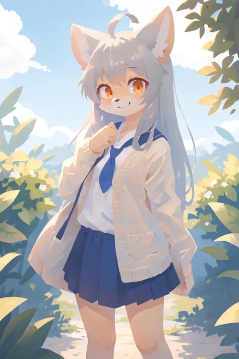 1girl, solo,    white fur, ahoge, looking at viewer, school uniform,  orange eyes, grey hair, long hair, cardigan, blue sky, plants, standing, smile, (best quality, masterpiece, illustration, ultra-detailed:1.3), (anthro, furry, kemono:1.3)