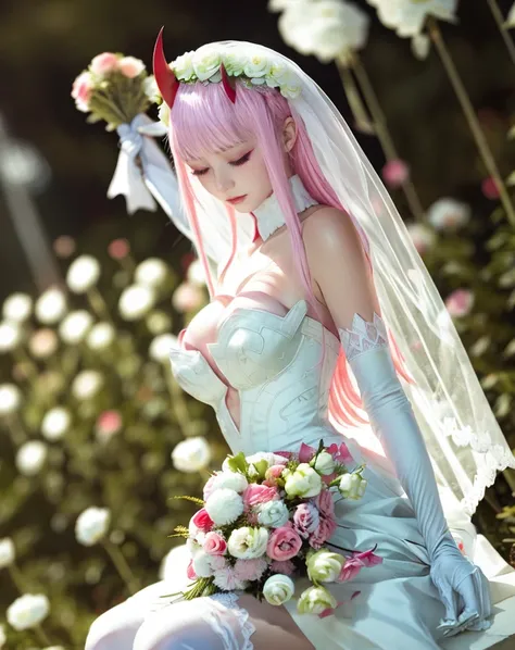 platycodon grandiflorum,1girl,zero two (darling in the franxx),bridal veil,dress,flower,gloves,horns,solo,wedding dress,long hair,breasts,pink hair,elbow gloves,white gloves,white dress,bouquet,veil,closed eyes,blurry background,medium breasts,blurry,strap...