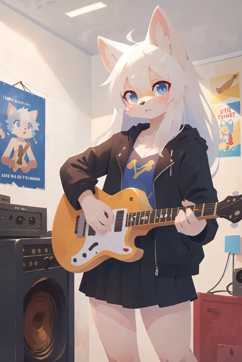 1girl, solo, electric guitar, black jacket, black skirt, anthro cat girl, long white hair, indoor, posters, movie posters, amps, looking at viewer,holding guitar,, (best quality, masterpiece, illustration, ultra-detailed:1.3), (anthro, furry, kemono:1.3)