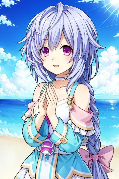 masterpiece, best quality, highly detailed, 1girl, plutia, outside, clouds, sunny, lens flare, beautiful