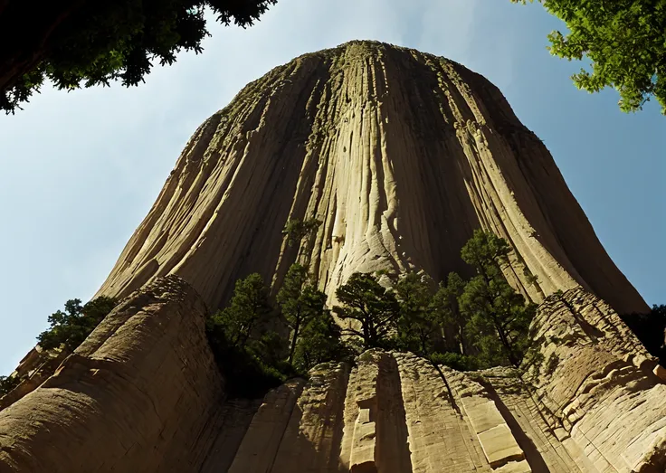 3rdkind, bottom view, devilstower, outdoors, trees, blue sky, 35mm, panavision psr 200, film grain, realistic photo,  <lora:Close_Encounters_Of_The_Third_Kind-000014:0.5>