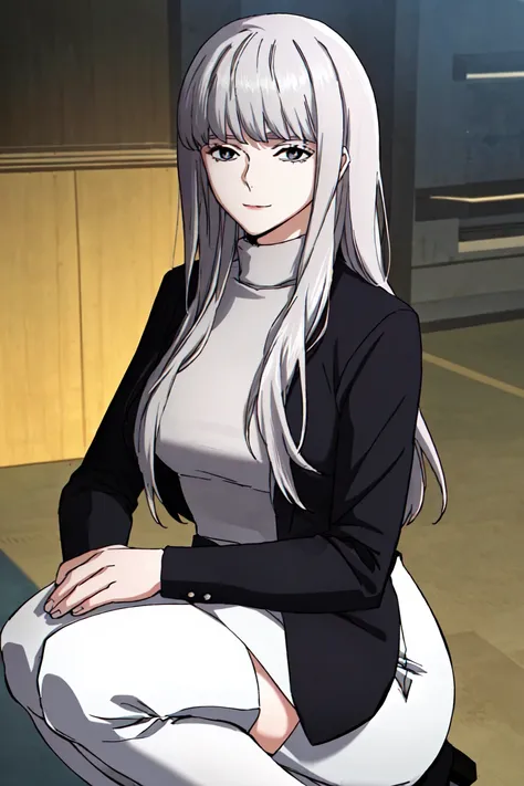 (best quality) , (highly detailed) ,masterpiece ,absurdres ,detailed face ,beautiful face ,(detailed eyes, deep eyes, anime eyes) ,1girl , solo,
Squatting, hands resting on thighs,
003, grey eyes, grey hair, white hair, long hair, jacket, sweater, black ja...